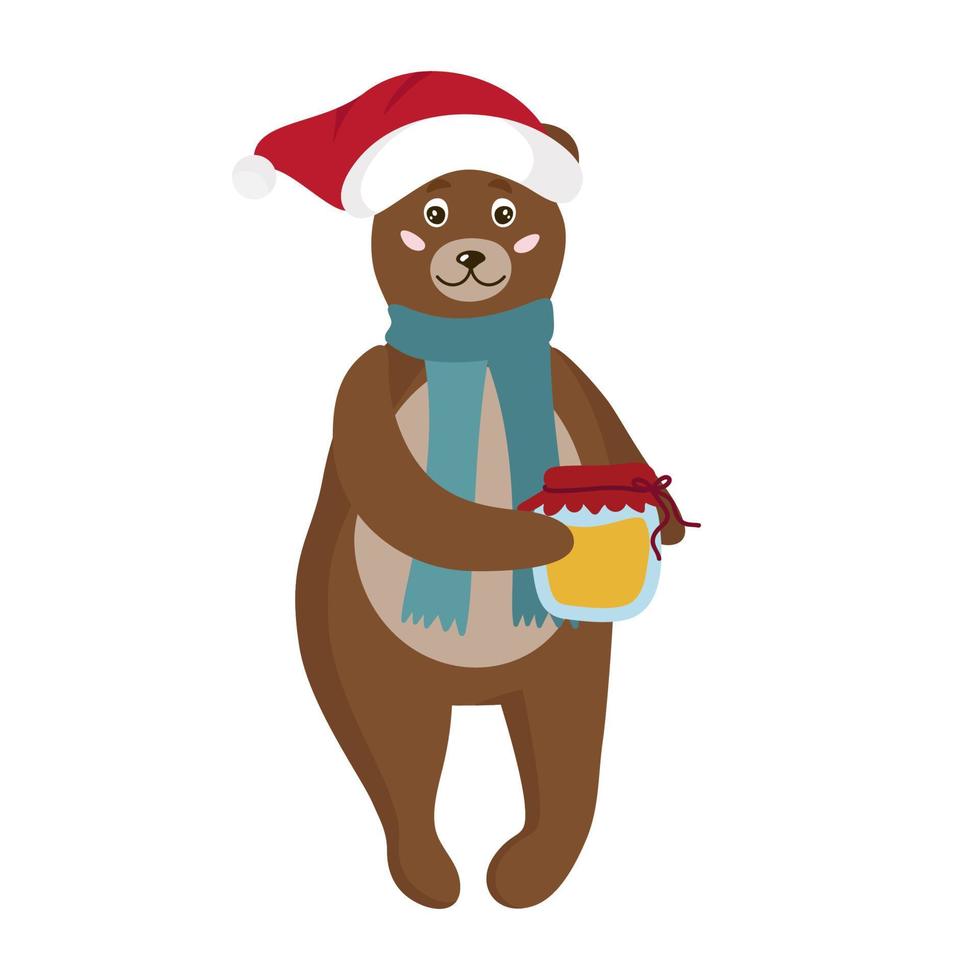 lindo urso de natal com um chapéu vermelho, com um pote de mel. cartão de ano novo para impressão. clipart vetorial, ilustração isolada. vetor