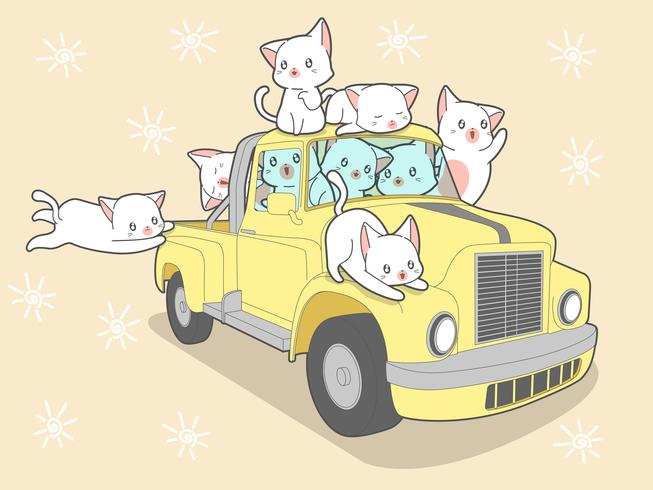 Gatos de Kawaii com o carro nas férias de verão. vetor