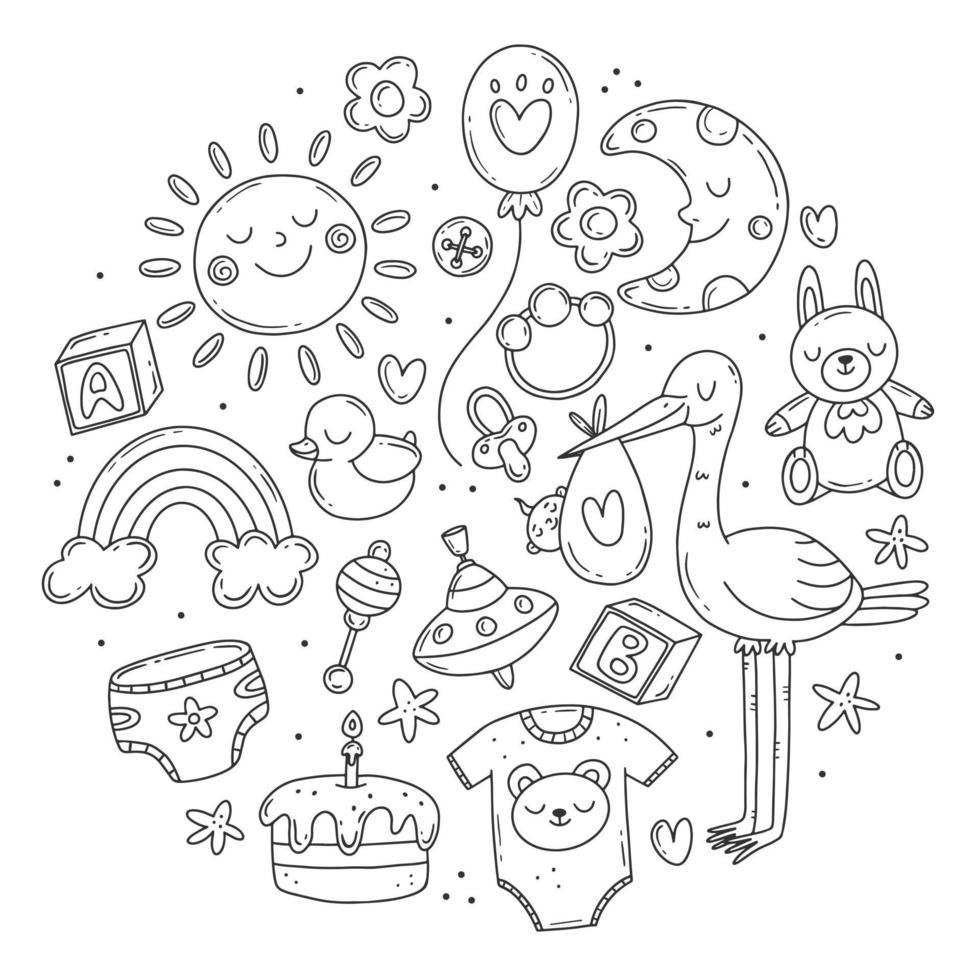 conjunto com elementos em preto e branco sobre o tema do nascimento de uma criança em um estilo simples e bonito doodle na forma de um círculo. ilustração em vetor bebê isolada no fundo.