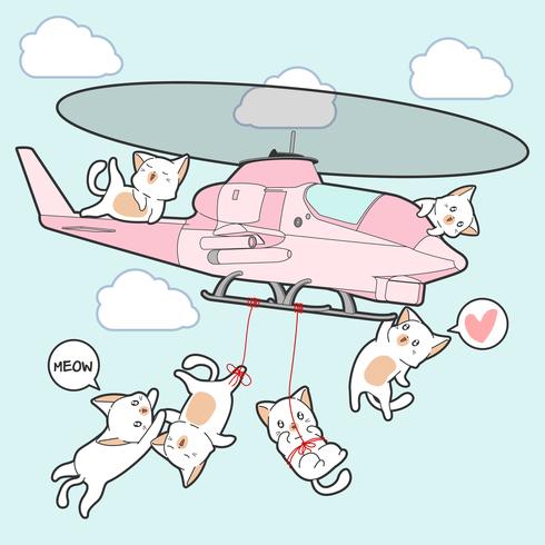 gatos kawaii desenhados no helicóptero em estilo cartoon. vetor