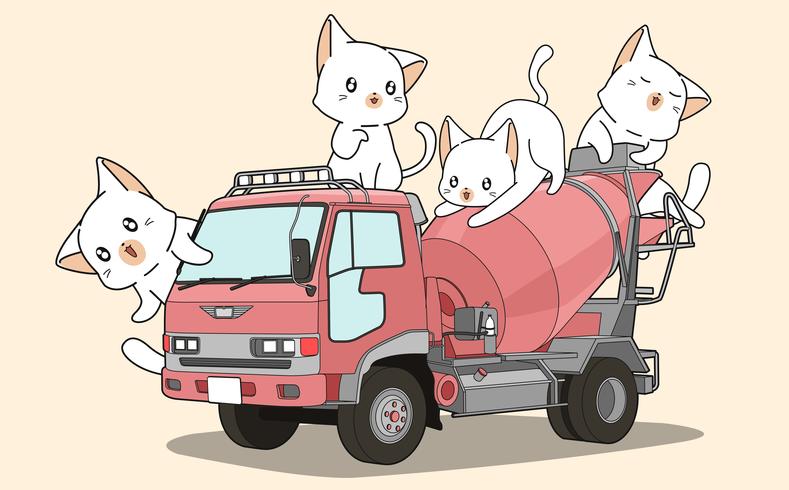 Gatos bonitos no caminhão misturador de cimento vetor