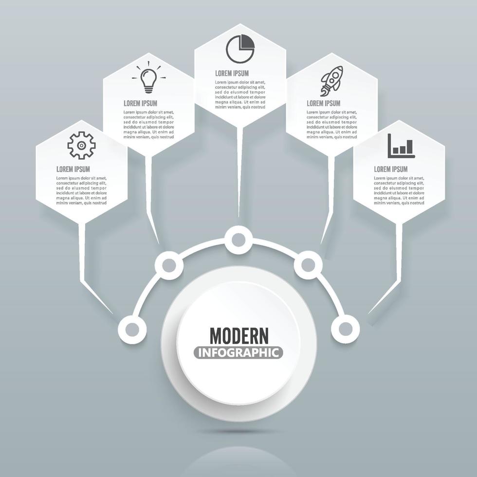 modelo infográfico moderno com etiqueta de papel 3d, círculos integrados. conceito de negócio com 5 opções. para conteúdo, diagrama, fluxograma, etapas, peças, infográficos de linha do tempo, layout de fluxo de trabalho, gráfico vetor