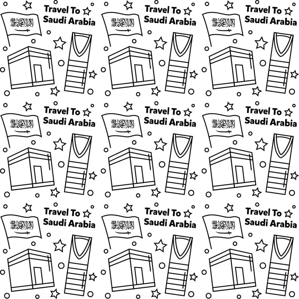 viajar para a Arábia Saudita doodle design de vetor padrão sem emenda. camelo. ka'bah, bandeira são ícones idênticos com a arábia saudita