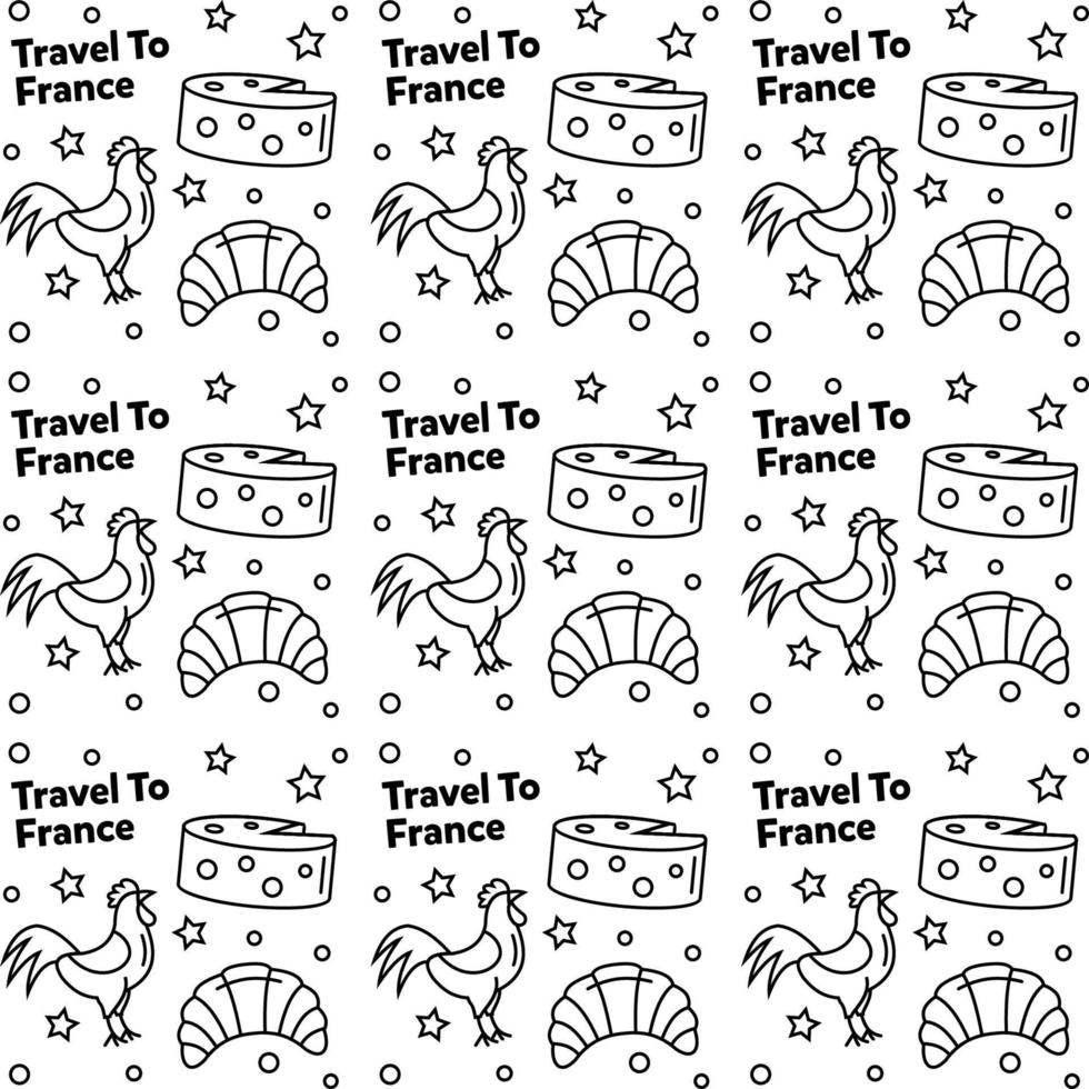 viajar para a frança doodle design de vetor padrão sem emenda. vinho, galo, queijo são ícones idênticos com a frança