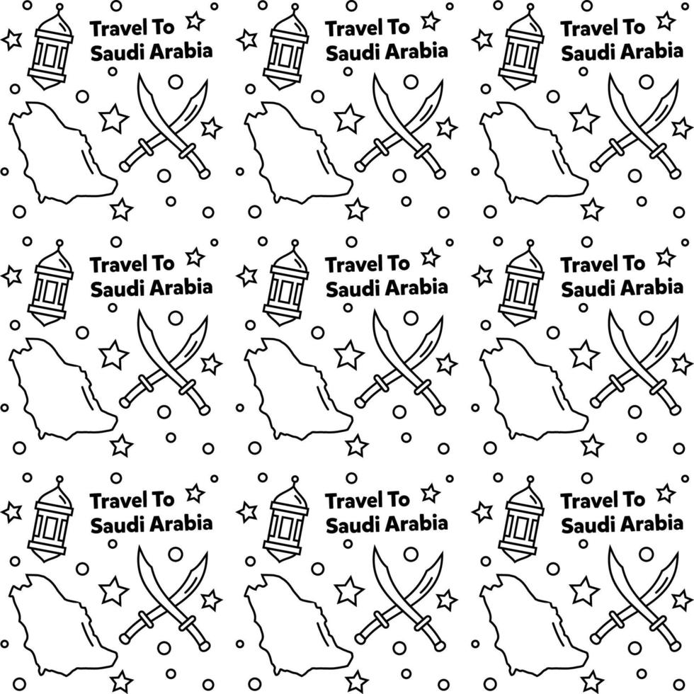 viajar para a Arábia Saudita doodle design de vetor padrão sem emenda. camelo. ka'bah, bandeira são ícones idênticos com a arábia saudita