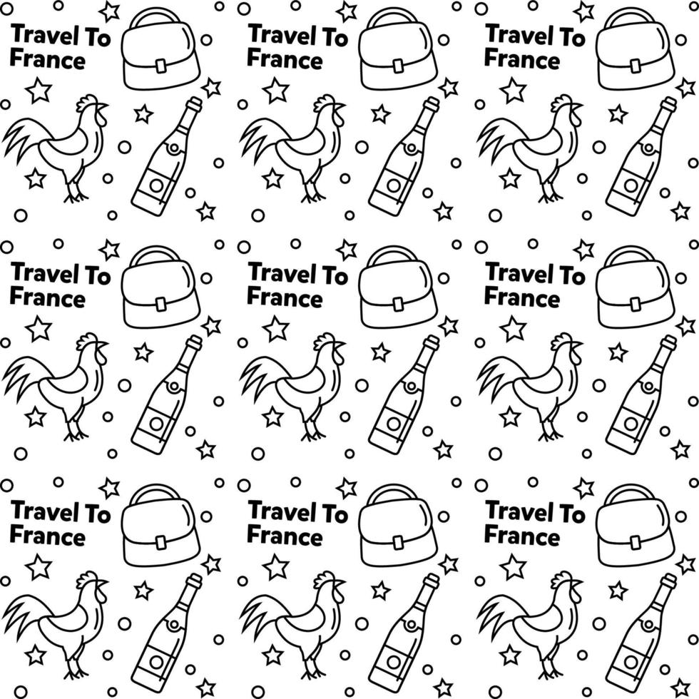 viajar para a frança doodle design de vetor padrão sem emenda. vinho, galo, queijo são ícones idênticos com a frança