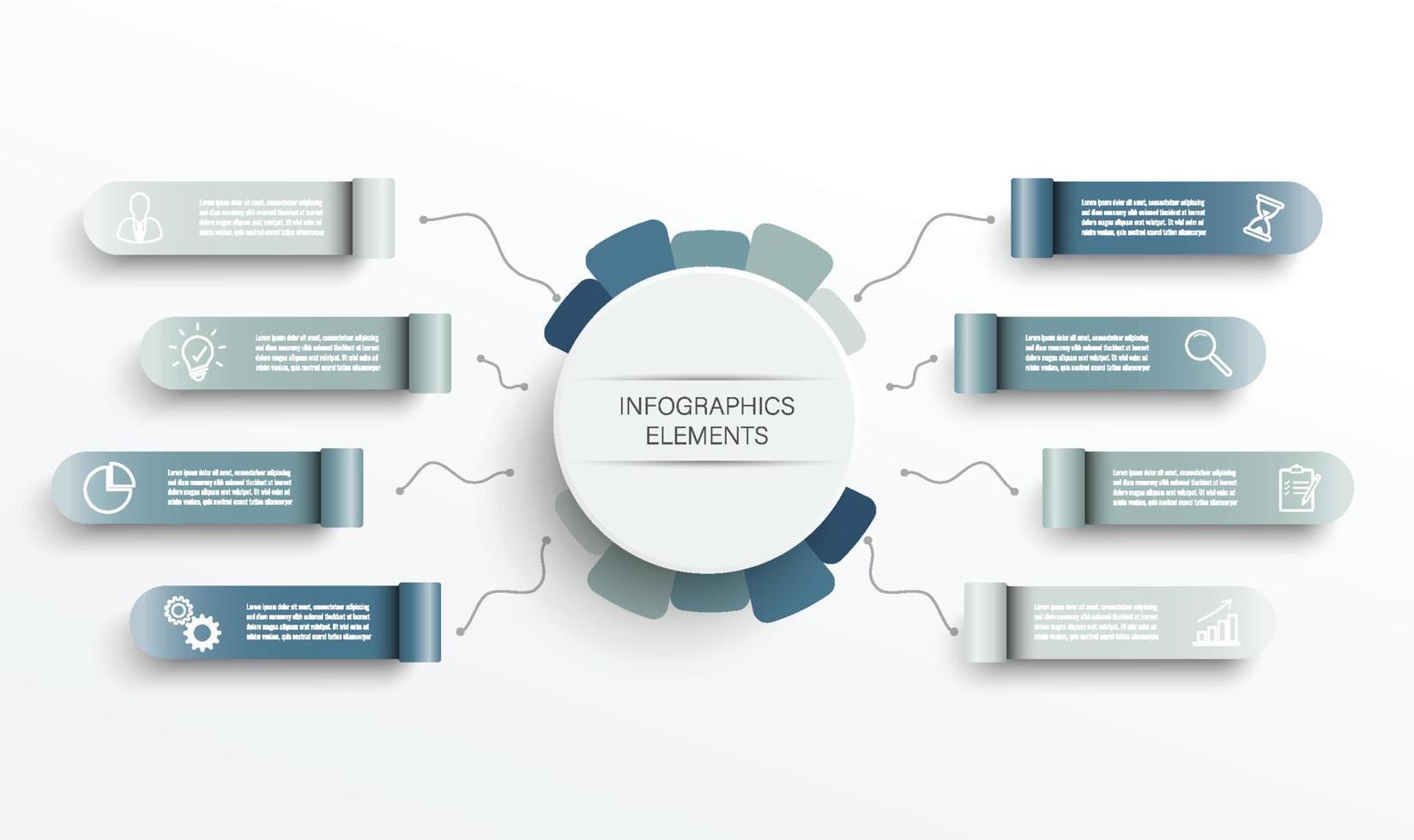 modelo de infográfico de vetor com etiqueta de papel 3d, círculos integrados. conceito de negócio com 8 opções. para conteúdo, diagrama, fluxograma, etapas, peças, infográficos de linha do tempo, fluxo de trabalho, gráfico.