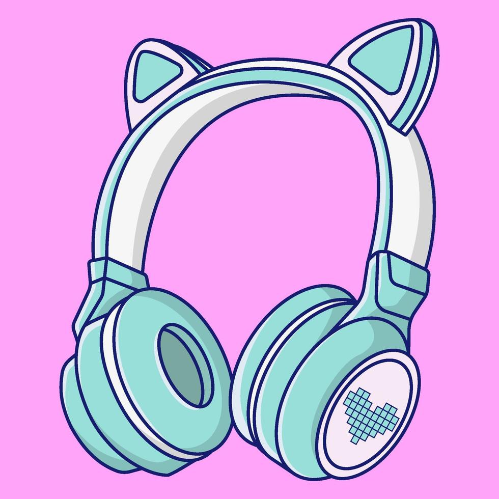 fone de ouvido kawaii fofo com ilustração em vetor de desenho animado de logotipo de amor de gato de orelha