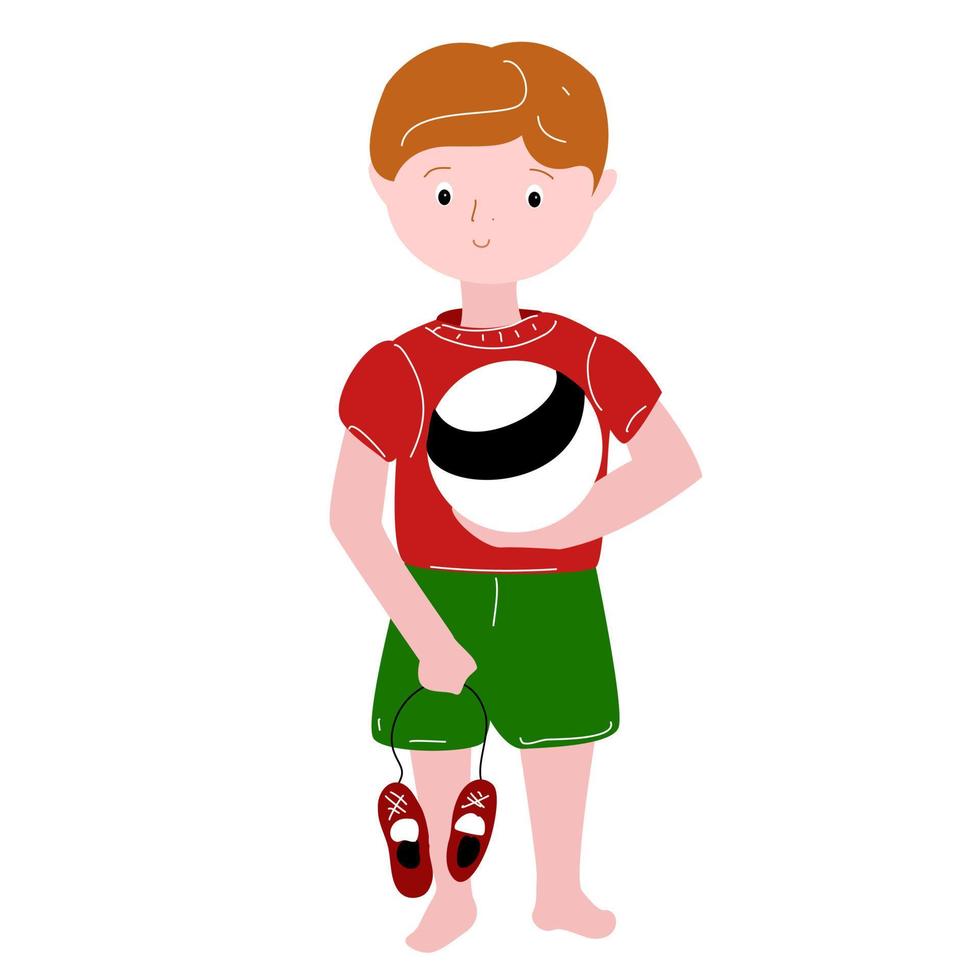 um menino de uniforme de futebol com uma bola e tênis. vetor