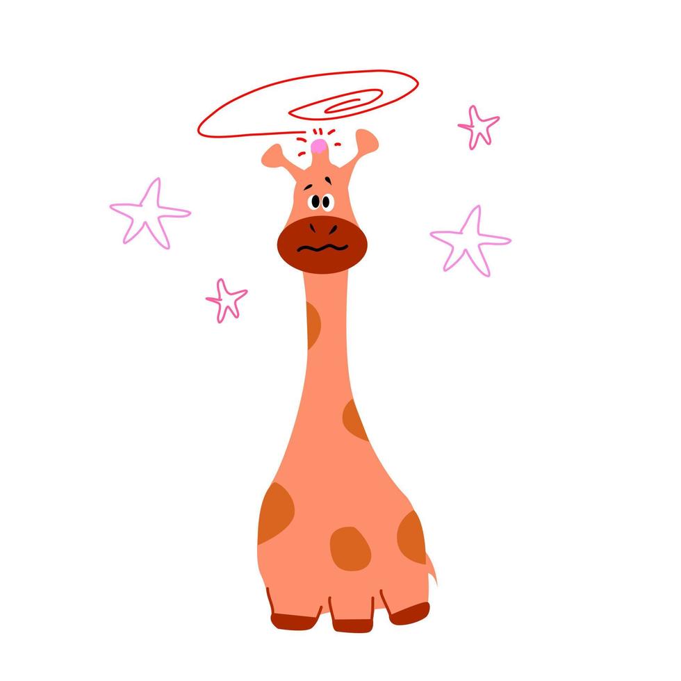 uma girafa com um galo na cabeça depois de ser atingida e estrelas ao seu redor. vetor