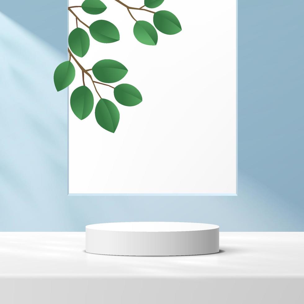 pódio de pedestal de cilindro branco 3d abstrato com folha verde na janela quadrada na cena de parede mínima azul claro. plataforma de renderização geométrica vetorial para apresentação de exibição de produtos. vetor