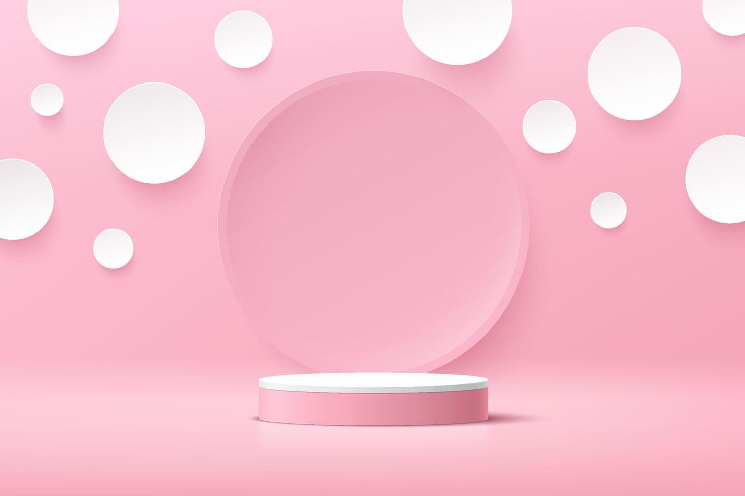 pódio de pedestal de cilindro branco. cena de parede mínima rosa doce com pano de fundo do círculo. estilo de corte de papel padrão de bolinhas brancas. forma 3d de renderização vetorial, apresentação de exibição do produto. projeto abstrato. vetor