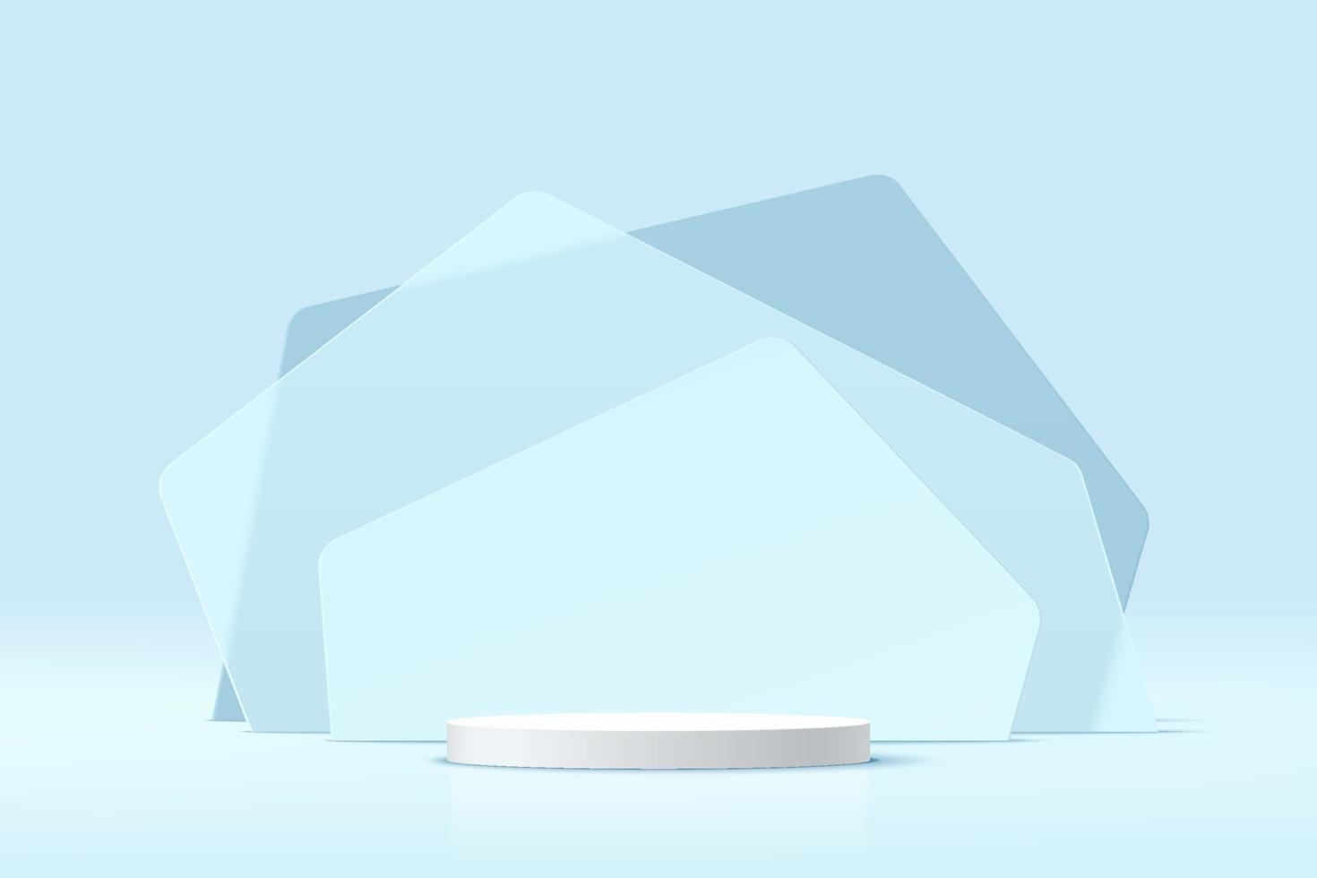 pódio de pedestal de cilindro branco 3d abstrato com pano de fundo de camadas de forma geométrica de vidro azul transparente. plataforma de renderização vetorial com cena de parede mínima azul pastel para apresentação de exibição do produto. vetor