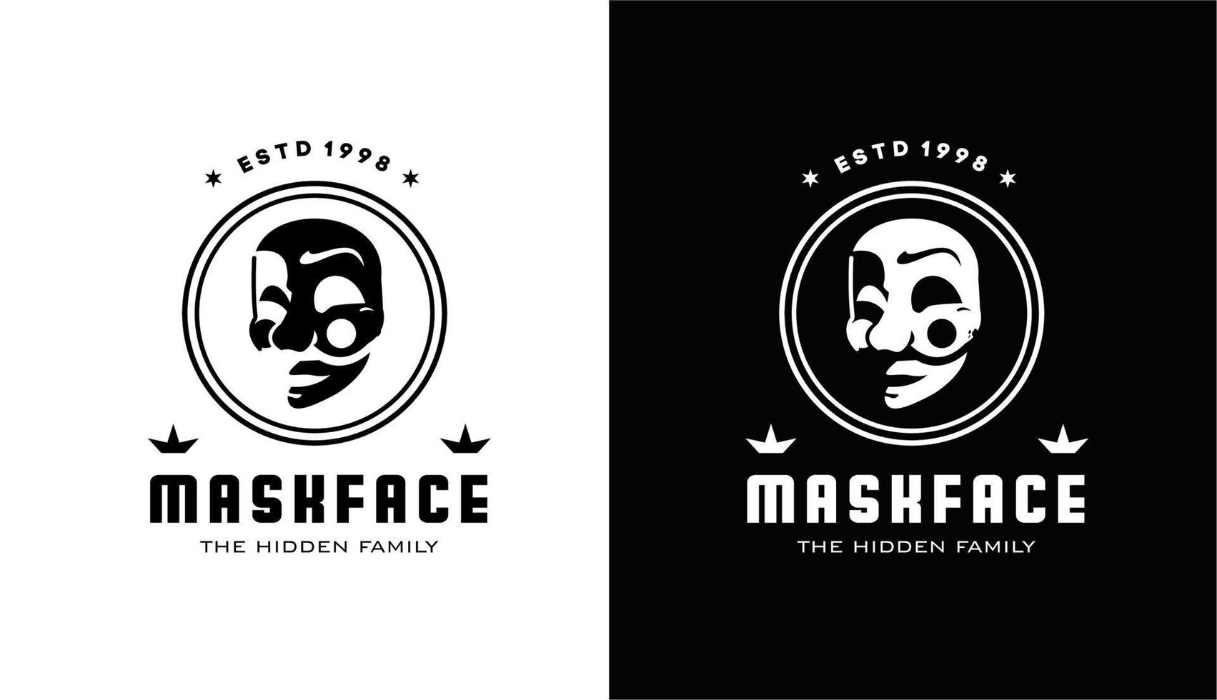 silhueta de máscara facial com círculo, design de logotipo vintage para playgroup e família misteriosa vetor