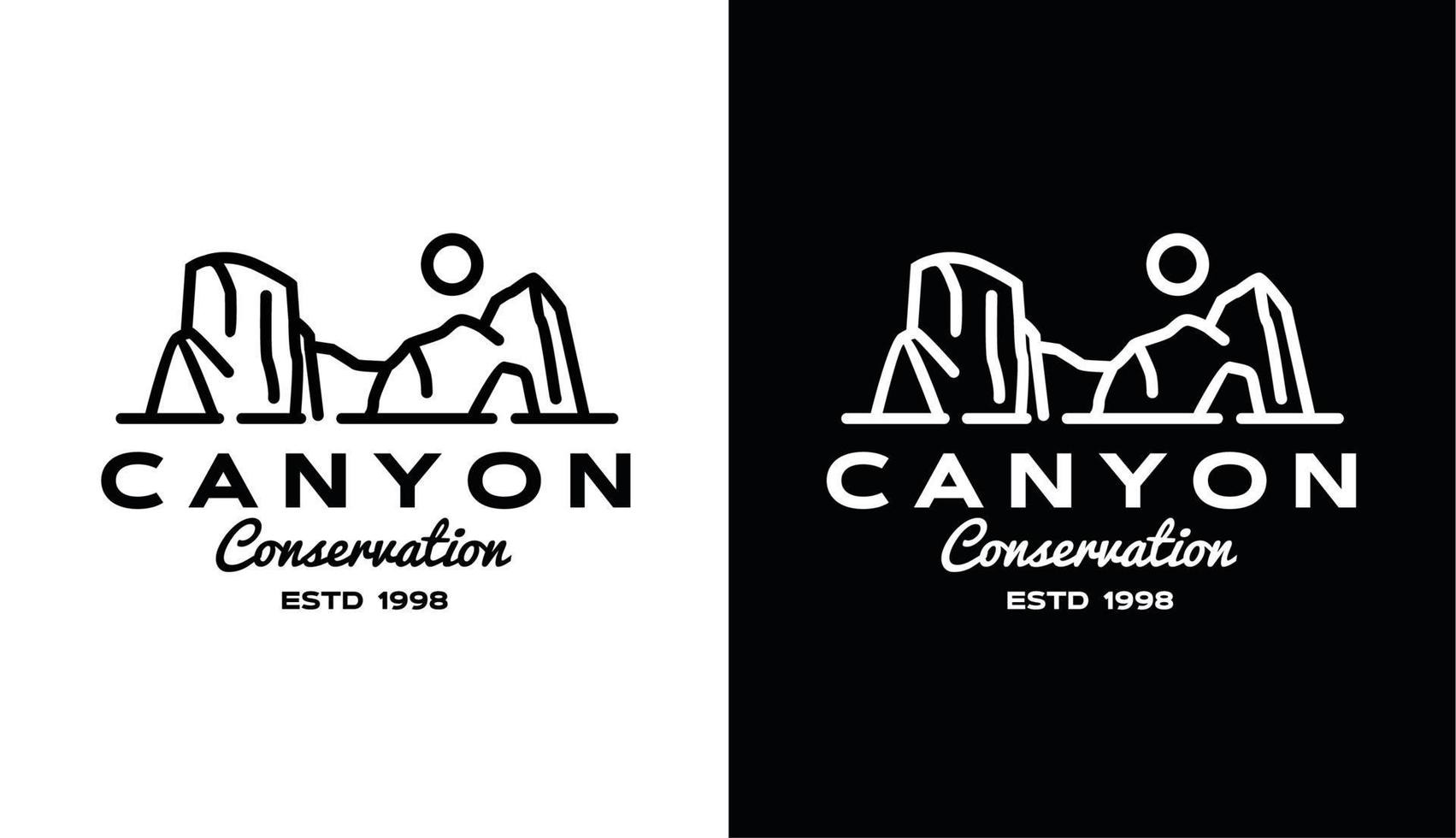 montanhas do canyon com sol, design de logotipo de penhasco monoline vintage para alpinista e aventura vetor