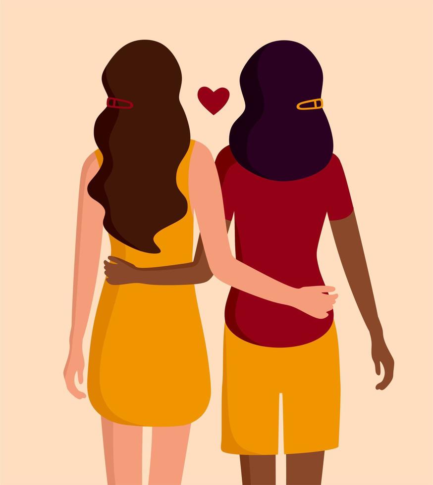 casal de lésbicas interraciais. abraçando mulheres jovens. a comunidade lgbt e o conceito de amor. ilustração vetorial. vetor