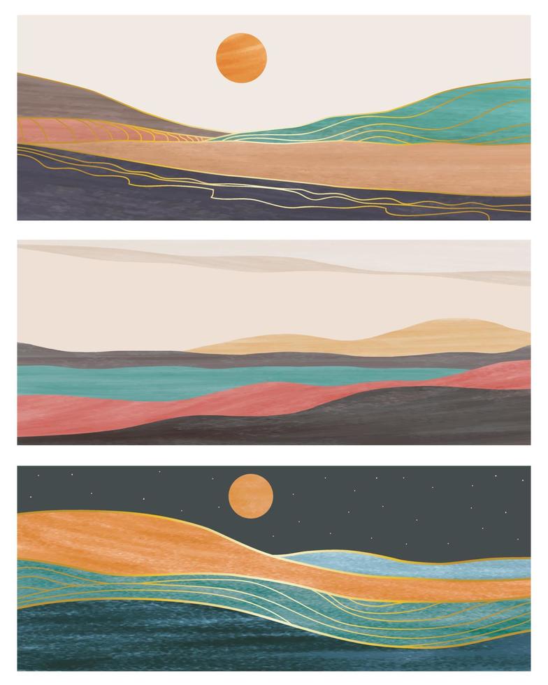 cartaz de paisagem de montanha abstrata. fundo de paisagem geométrica com montanha, onda, lua, sol. ilustração vetorial vetor