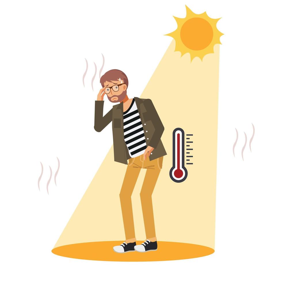 insolação concept.sunstroke e homem de risco de queimaduras solares sob o sol ardente. alta temperatura, clima quente. vetor