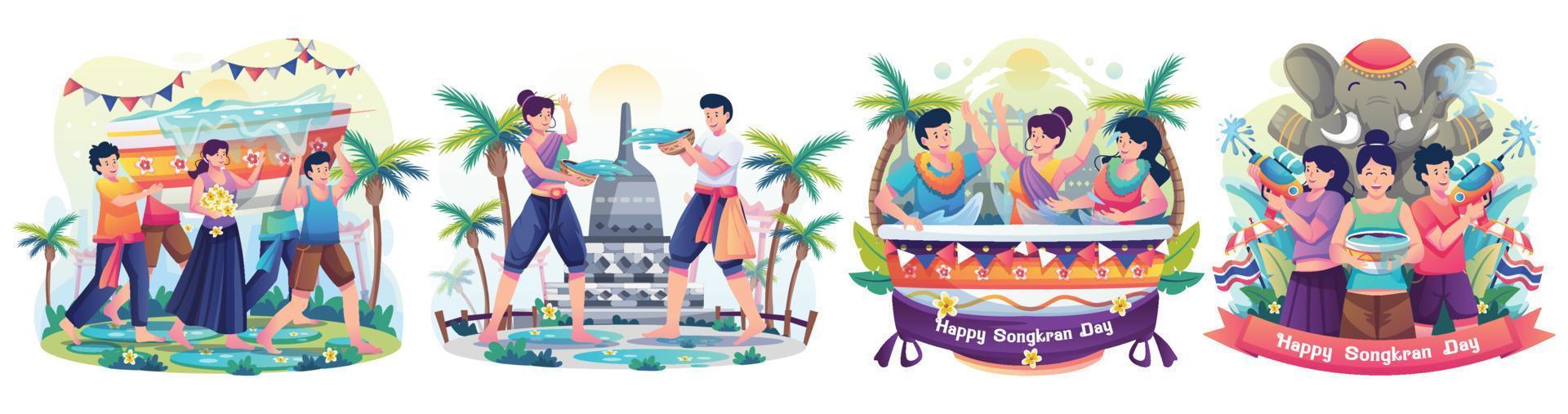 conjunto de pessoas celebra o festival songkran tailândia tradicional dia de ano novo espirrando água um no outro. ilustração vetorial vetor