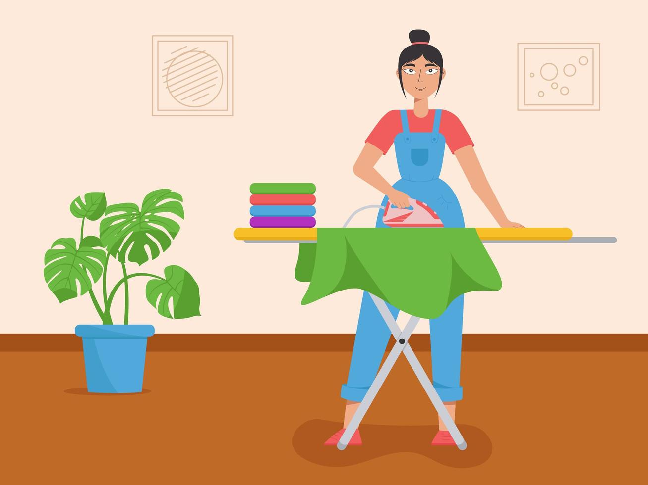 jovem governanta, uma mulher passando roupas em uma tábua de passar roupa. o conceito de serviço de limpeza. serviços de empresa de limpeza vetor