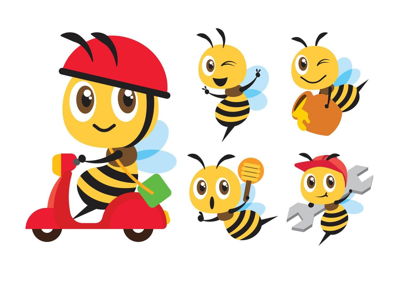 coleção de design plano de poses diferentes de abelha de desenho animado. scooter de passeio de abelha, carregue pote de mel, segure a chave inglesa, segure a concha de mel. ilustração de personagem de abelha vetorial vetor