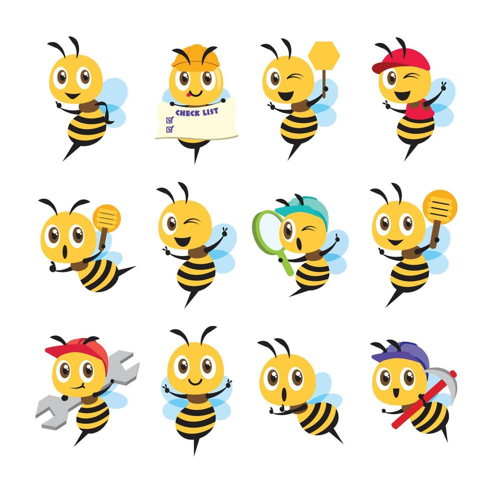 coleção de caracteres de abelha bonito dos desenhos animados design plano definido em poses diferentes. abelha contém itens diferentes e ação diferente. conjunto de mascote de abelha vetorial vetor