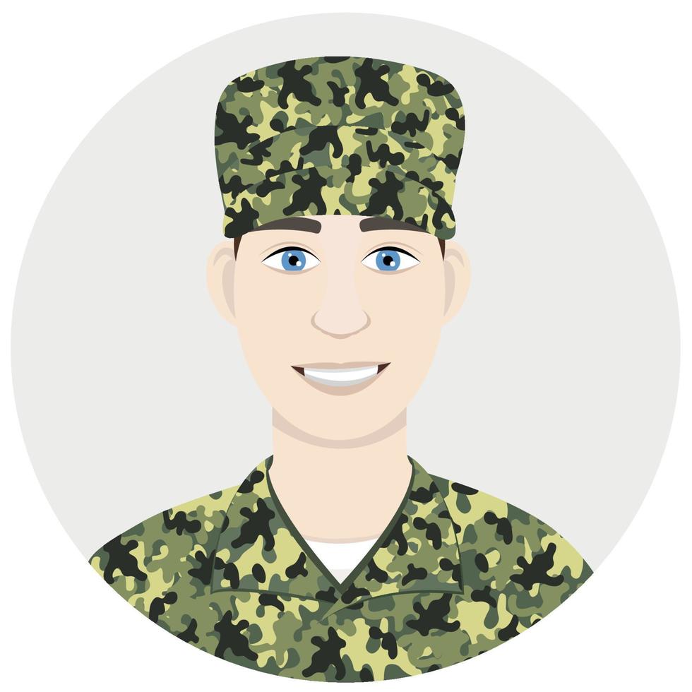 avatar vetorial de um cara em um uniforme de camuflagem verde, vetor plano, isolado em um fundo branco