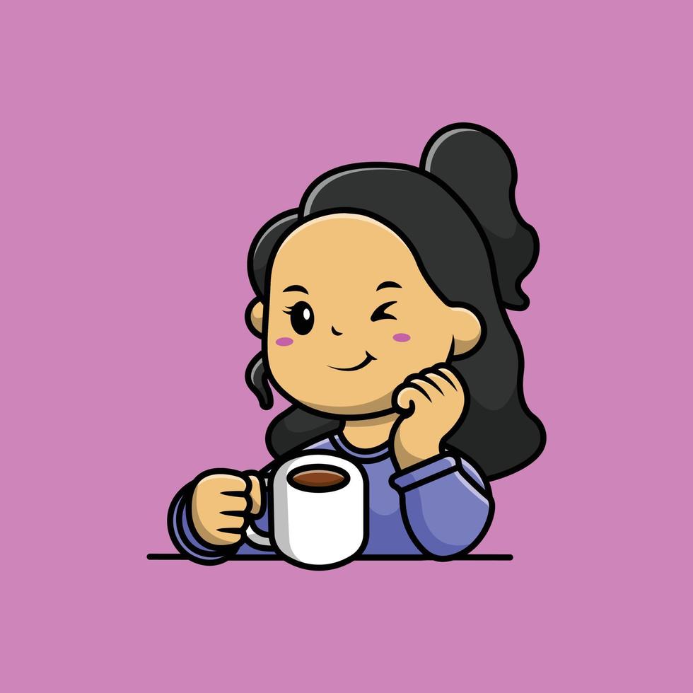 linda garota beber café quente dos desenhos animados ilustração de ícone de vetor. conceito de ícone de comida de pessoas isolado vetor premium. estilo de desenho animado plano
