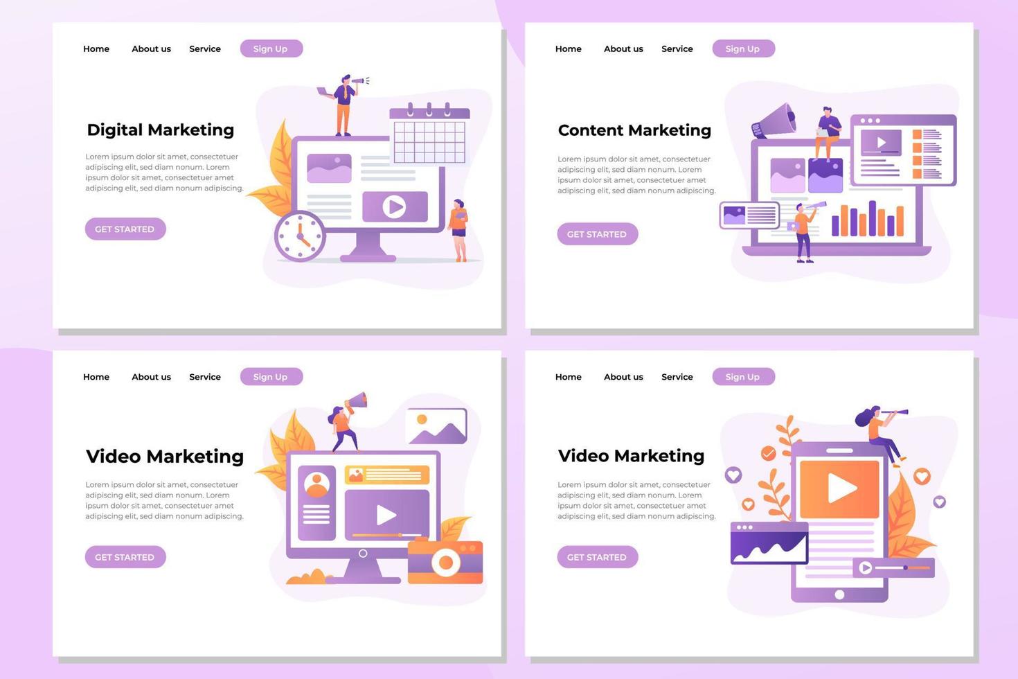 conjunto de modelos de design de página de destino para marketing digital, estratégia de marketing, consultoria de marketing e marketing de vídeo. fácil de editar e personalizar. conceitos modernos de ilustração vetorial para sites vetor