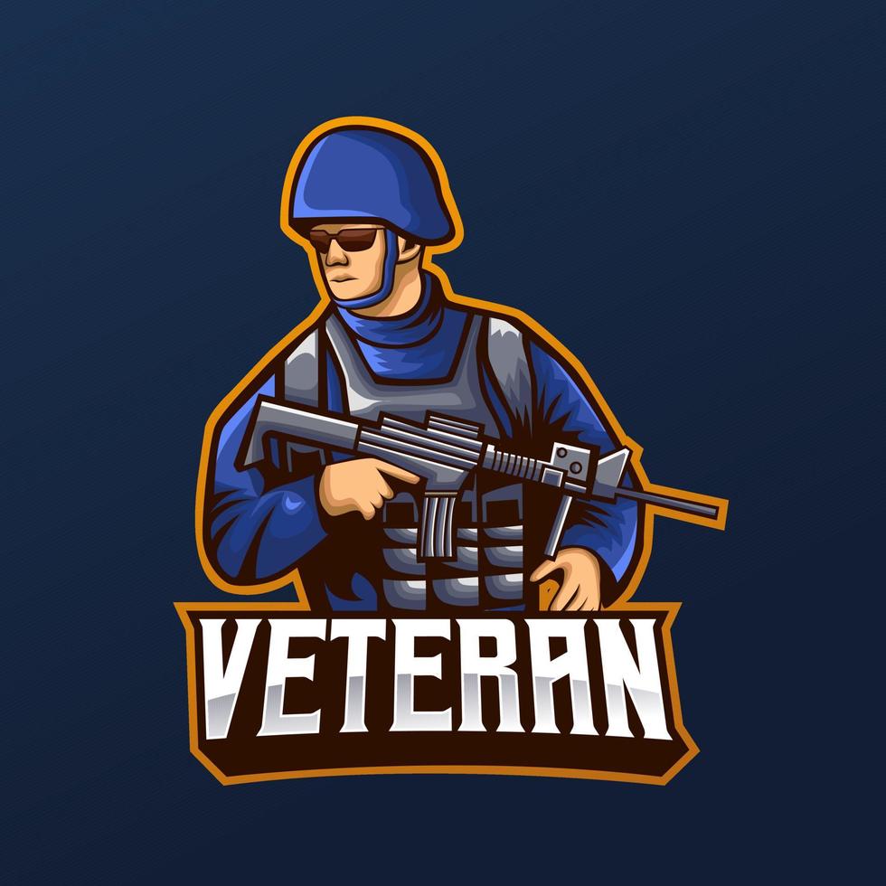 mascote de soldado veterano e design de logotipo esport. fácil de editar e personalizar vetor