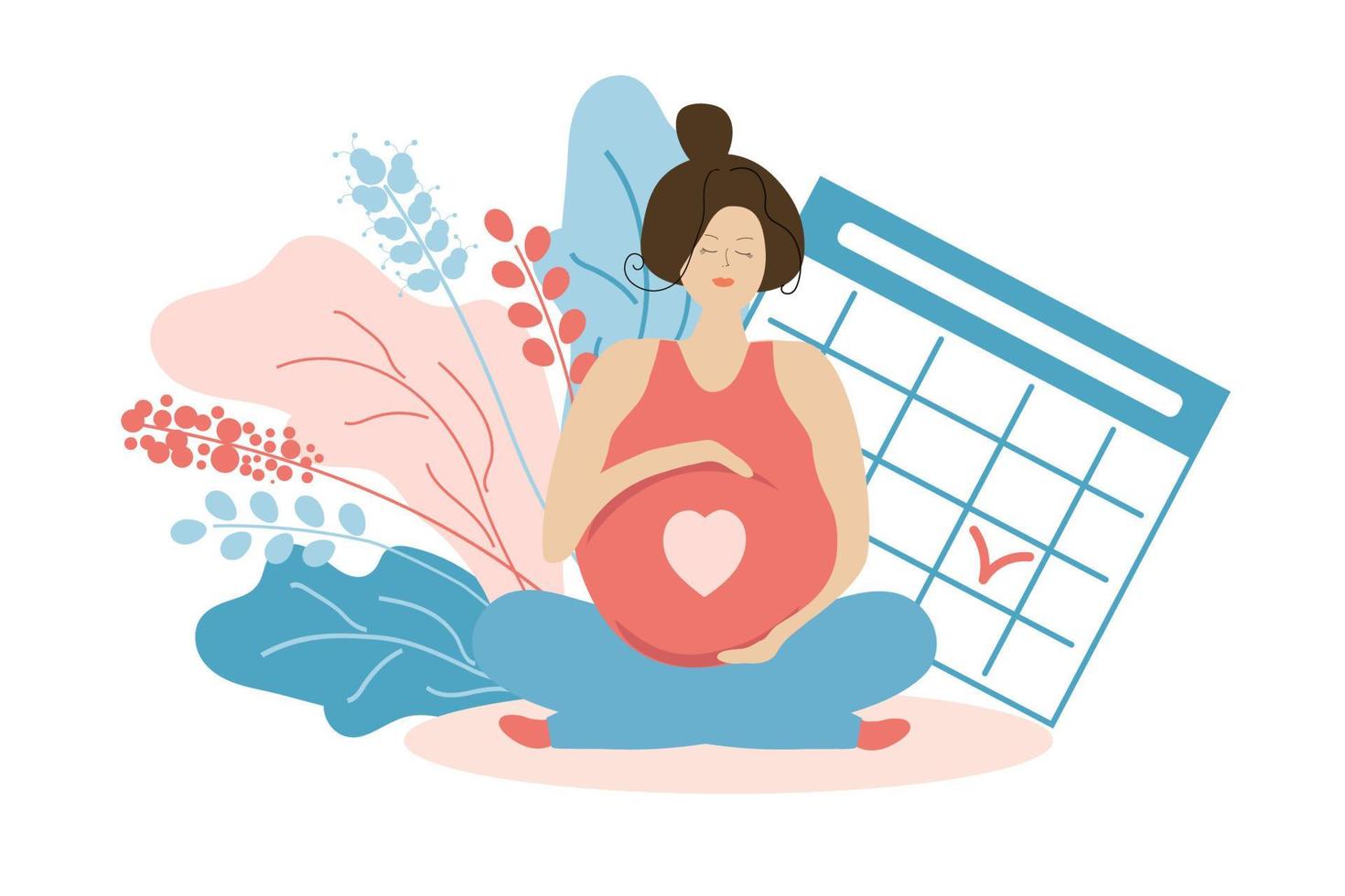 linda mulher grávida em flores e com um calendário. tempo de trabalho de parto ou consulta médica. gravidez e maternidade. carregando um bebê. ilustração plana. vetor