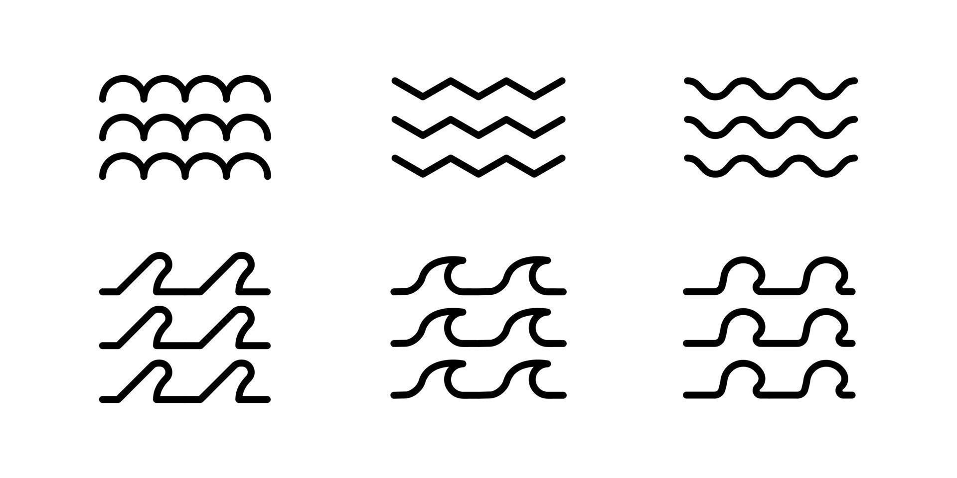 diferentes ondas do mar com a mesma espessura de linha. design de logotipo, sites e designs. onda do mar consiste em fatores como o vento. Conjunto de 6 peças de ícones modernos do mar. vetor