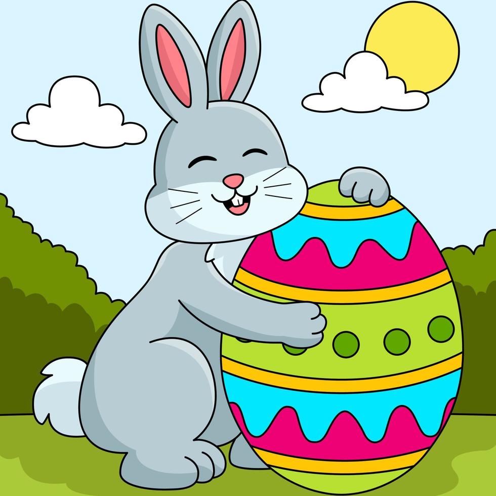 coelho abraçando ilustração colorida de ovo de páscoa vetor