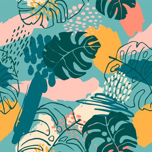 Teste padrão sem emenda criativo abstrato com plantas tropicais e fundo artístico. vetor