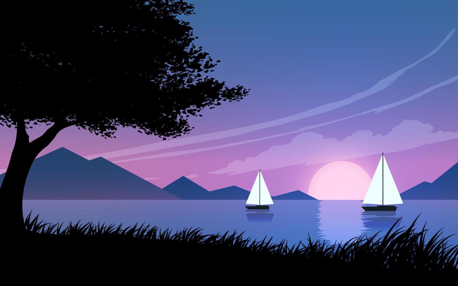 barcos ao pôr do sol ilustração de paisagem plana vetor