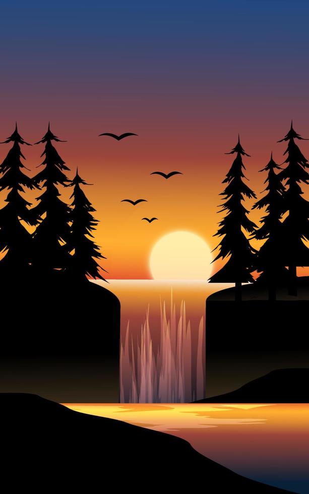 ilustração plana do pôr do sol na floresta com cachoeira vetor