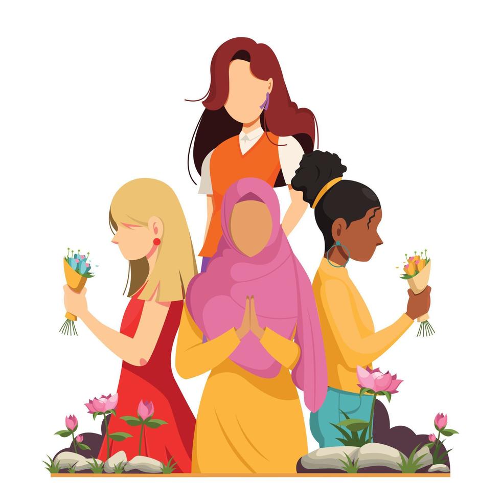 ilustração vetorial de grupo multiétnico diverso differnet de mulheres segurando um buquê de flores vetor