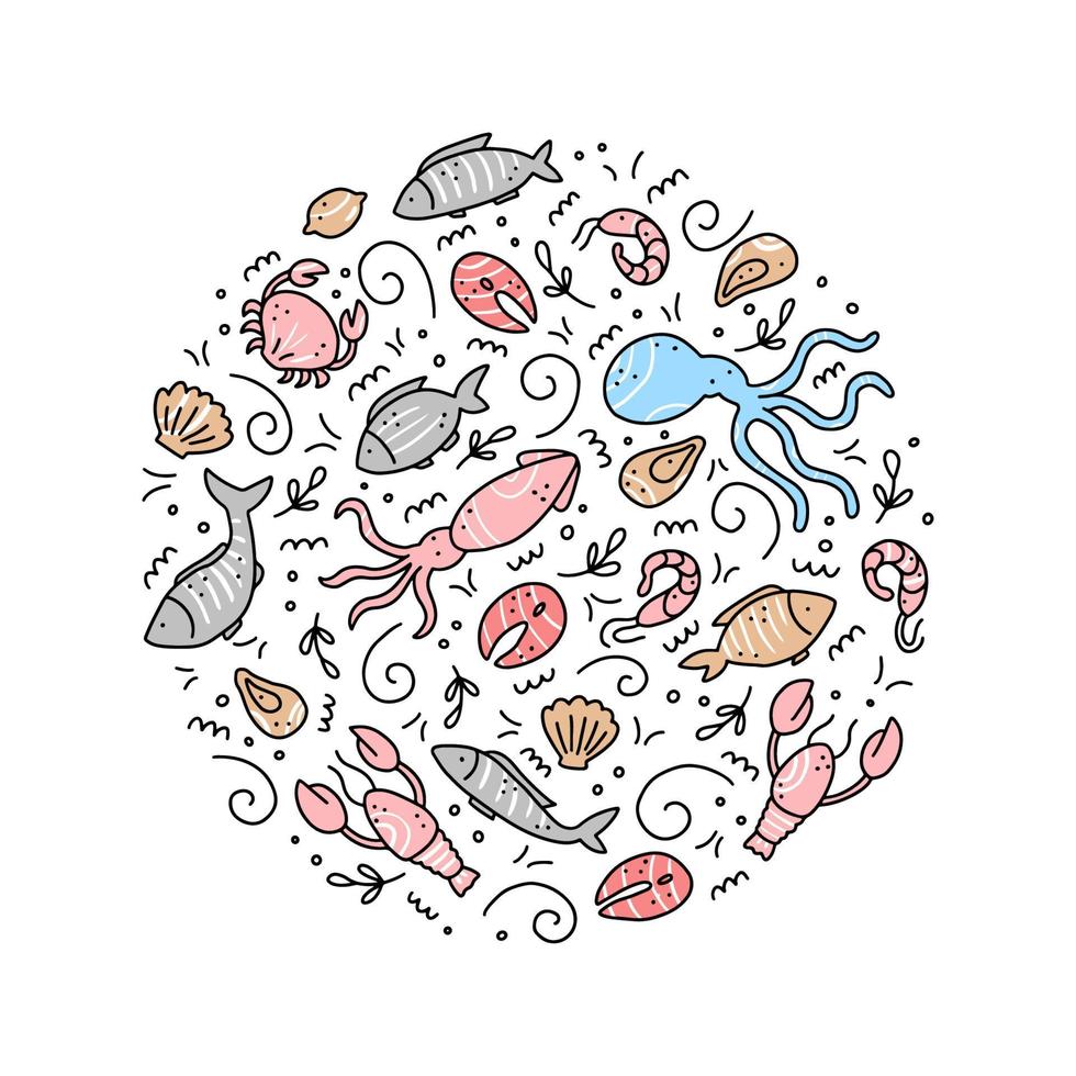 mão desenhado conjunto de elementos de frutos do mar. ilustração em vetor estilo doodle.