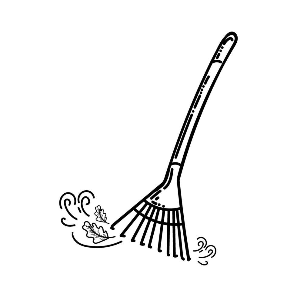 ancinho, um elemento de estilo doodle desenhado à mão. ancinho, um garfo para limpar folhas. trabalho de jardim. estilo de vetor linear simples para logotipos, ícones e emblemas.