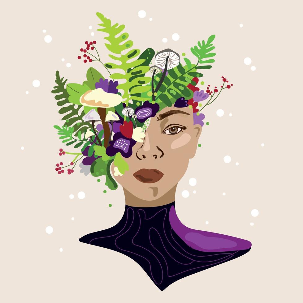 cabeça de mulher com flores, cogumelos florestais e plantas para design decorativo. ilustração de moda colorida de uma mulher com flores crescentes de seu rosto e cabeça. design vetorial surreal. saúde mental da mulher vetor