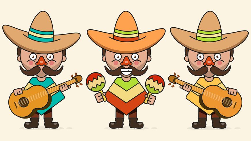 Ilustração vetorial de músicos mexicanos com três homens com guitarras em roupas nativas e vetor plana de Sombrero