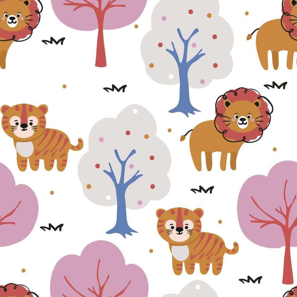 padrão sem emenda desenho de leão, tigre e árvore. para impressão em tecido, têxtil, papel de embrulho vetor