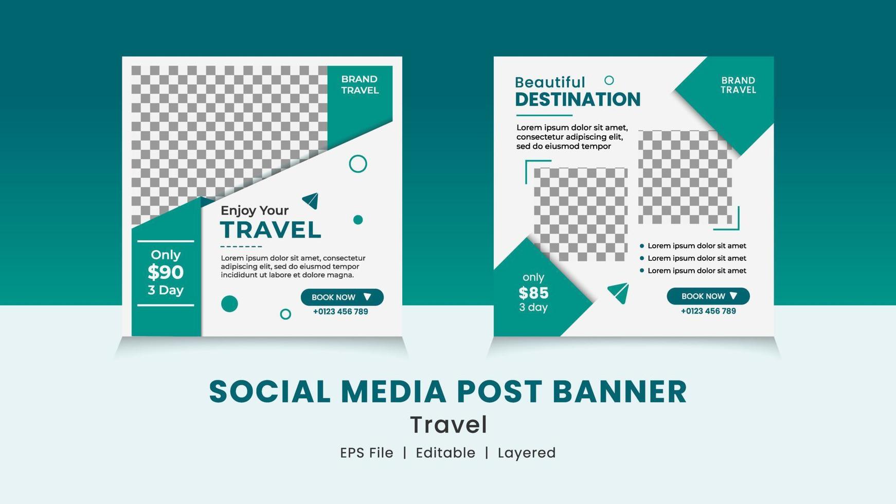 gráfico vetorial de banner de postagem de mídia social com esquema de cores verde, branco e preto. perfeito para promoção de agência de viagens de mídia social. vetor