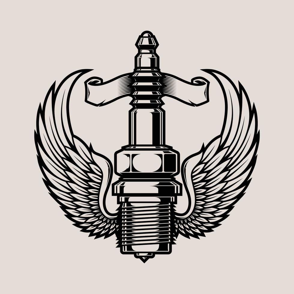 vela de ignição da motocicleta com duas asas e design de logotipo vintage de fita vetor