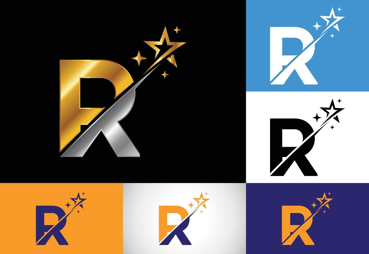 alfabeto inicial da letra do monograma r com o ícone do logotipo swoosh e estrela. design de símbolo de sinal de logotipo estrela abstrata. logotipo de vetor moderno para identidade de negócios e empresa.