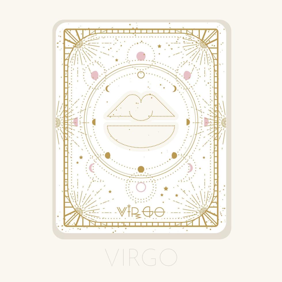 cartão de virgem do signo do zodíaco. símbolo do horóscopo astrológico com fases da lua. ícone gráfico de ouro em um fundo branco. ilustração de arte de linha vetorial vetor