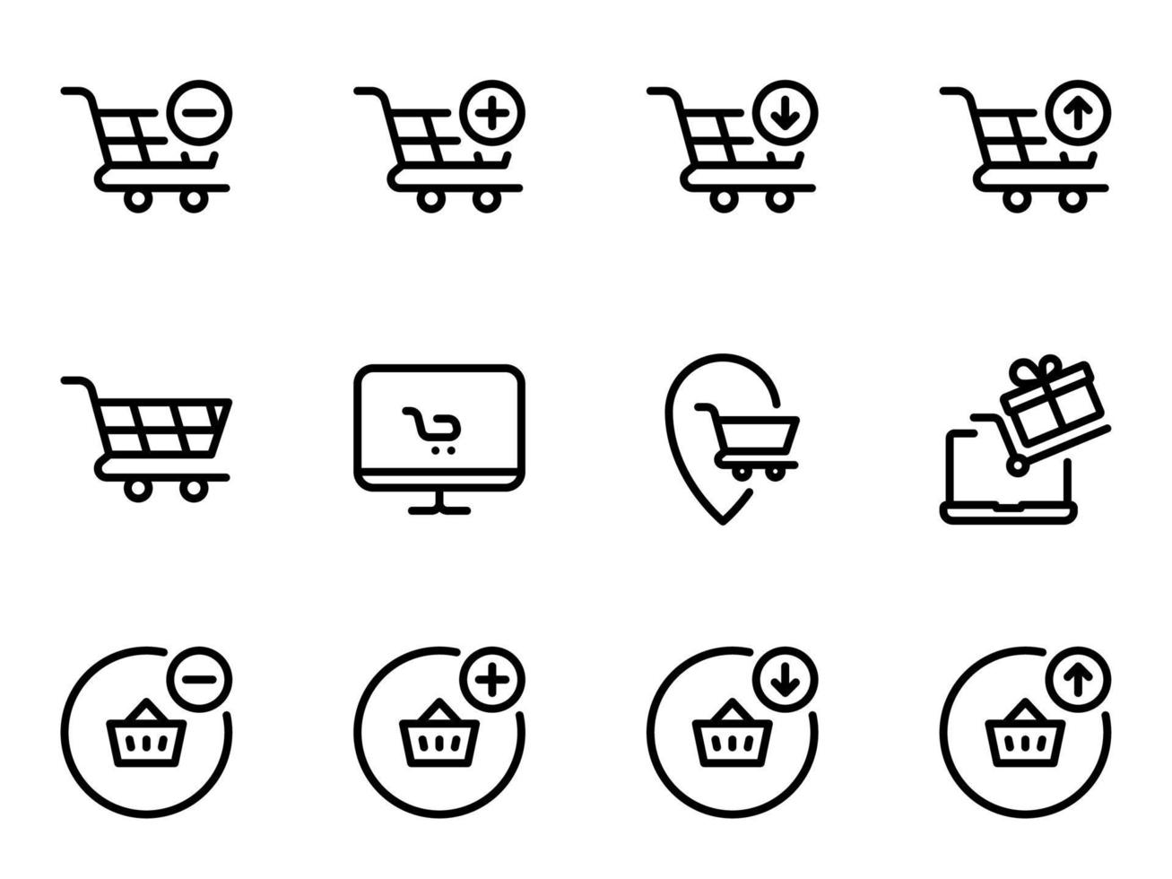 conjunto de ícones do vetor preto, isolados contra um fundo branco. ilustração plana em um tema de compras