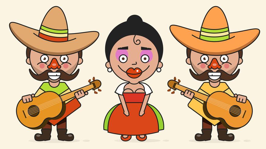Músicos mexicanos ilustração vetorial com dois homens e uma mulher com guitarras em roupas nativas e vetor plana de sombrero