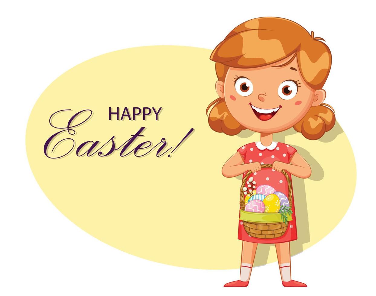 Feliz Páscoa. menina dos desenhos animados com uma cesta de ovos vetor