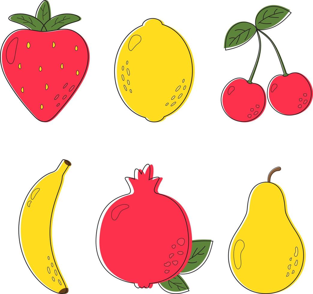 doodle texturizado frutas fofas, baga, limão, morango, banana, granada, pêra. elementos da moda em estilo moderno vetor desenhado à mão. ilustração vetorial de fruta isolada no branco. impressão minimalista na moda.